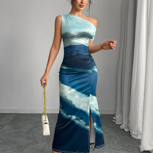 2025 mujeres verano Floral Ptrint vestidos nuevo contraste Color Slim Fit vestido para mujeres Casual vestido de hombro inclinado