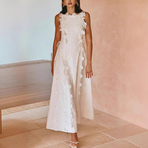 2025 para mujer, vestido ajustado informal de vacaciones, vestido de encaje sólido bordado de encaje Natural